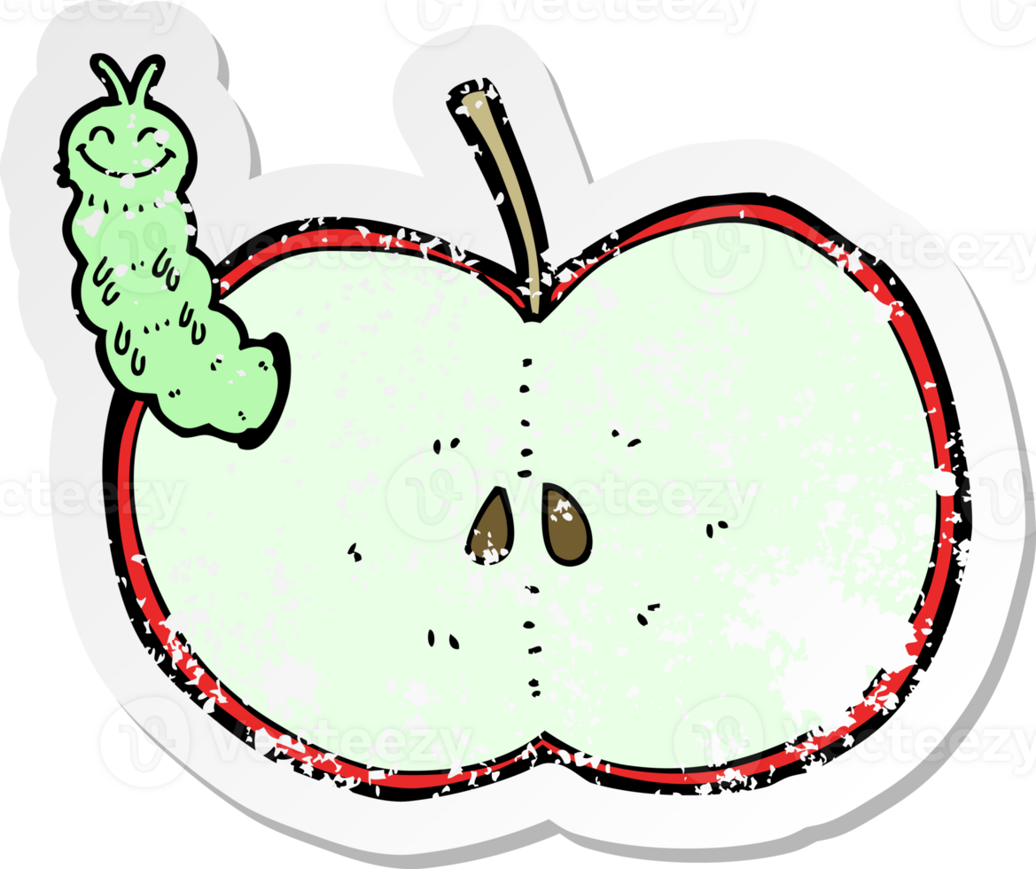 retro distressed sticker of a cartoon bug eating apple png