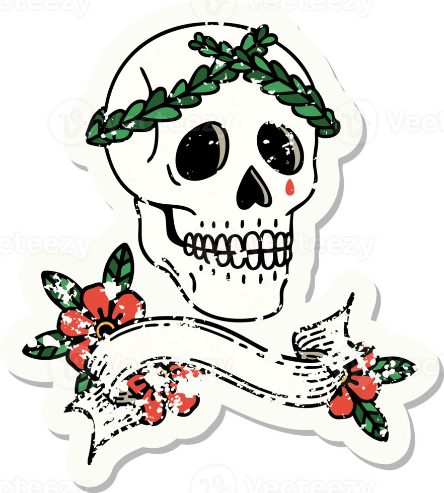 grunge sticker with banner of a skull with laurel wreath crown png