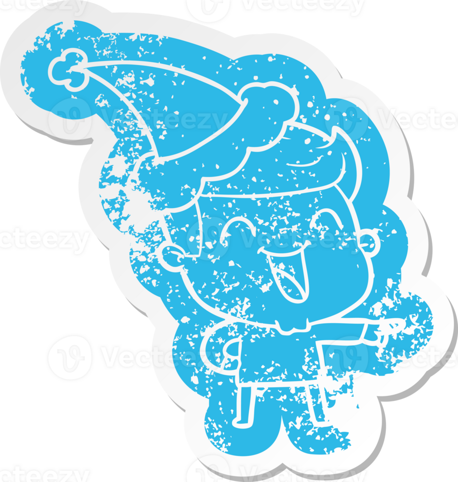cartoon distressed sticker of a man laughing wearing santa hat png