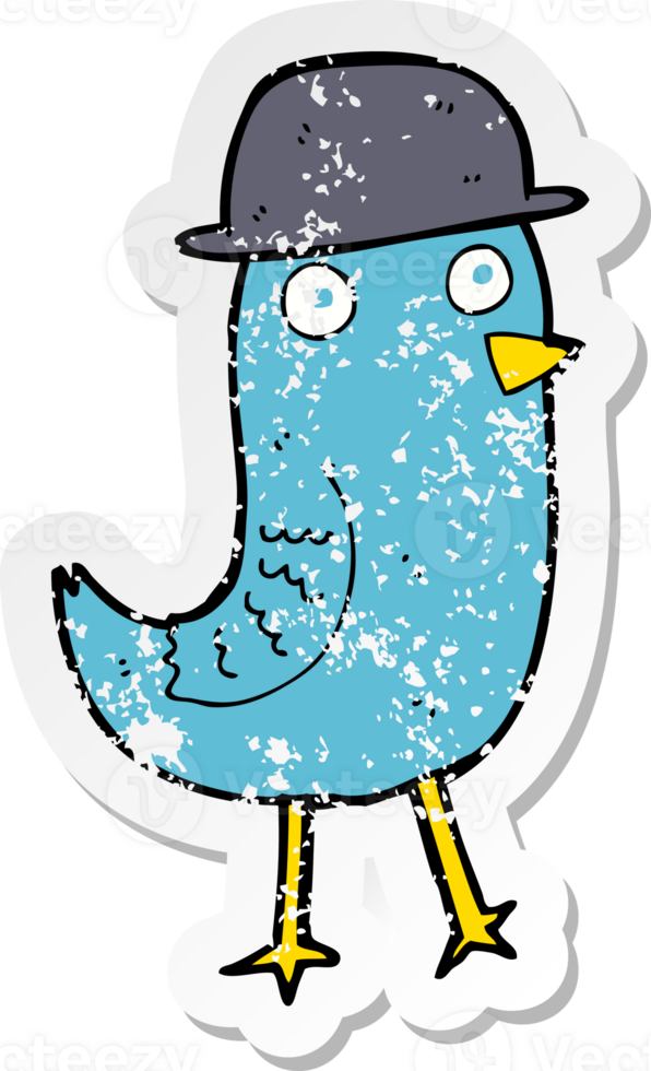 retro distressed sticker of a cartoon bluebird wearing hat png