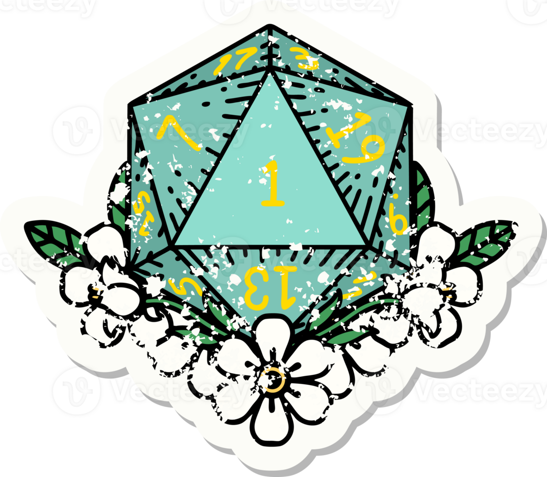 natural one dice roll with floral elements grunge sticker png