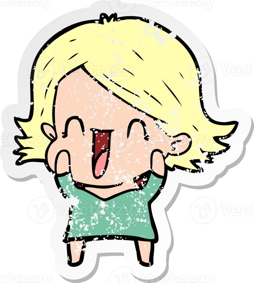 distressed sticker of a cartoon happy woman png