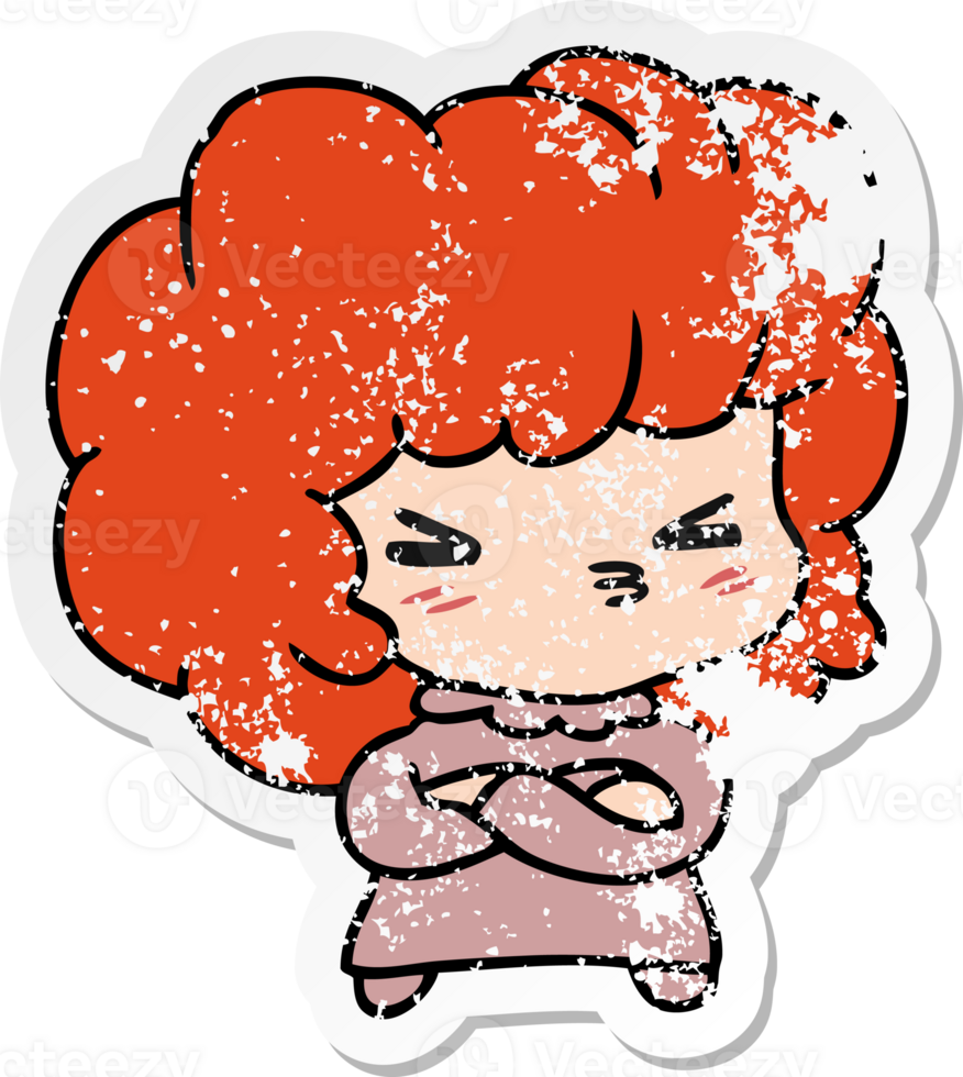 distressed sticker cartoon of a cute cross kawaii girl png