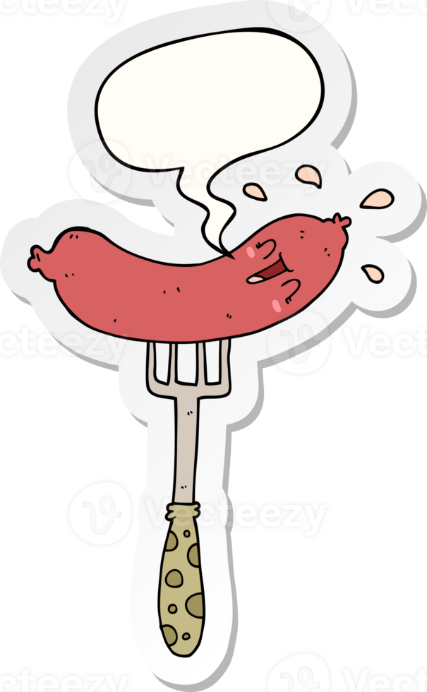 cartoon happy sausage on fork and speech bubble sticker png