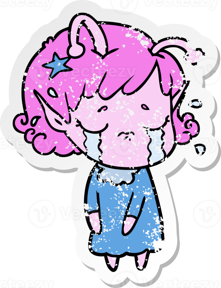 distressed sticker of a cartoon crying alien girl png