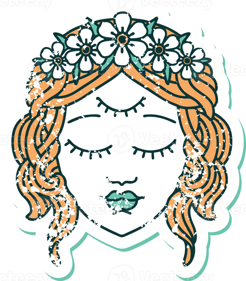 distressed sticker tattoo style icon of female face with third eye png