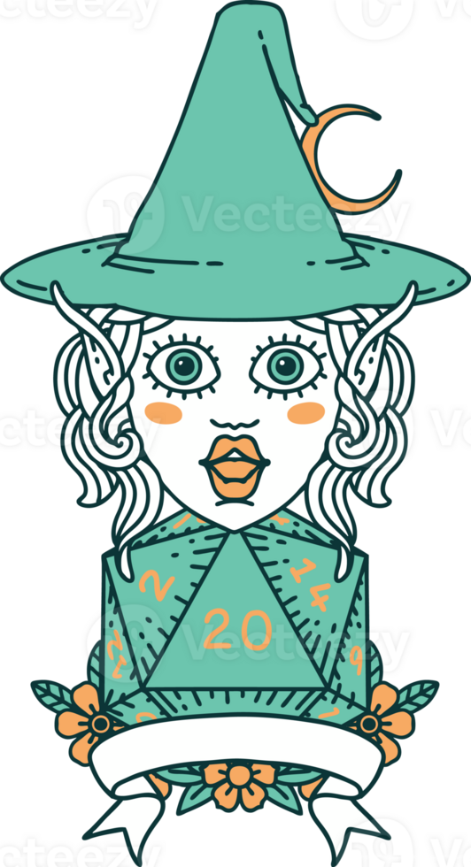 elf mage character with natural twenty dice roll illustration png