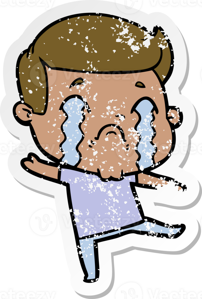 distressed sticker of a cartoon man crying png