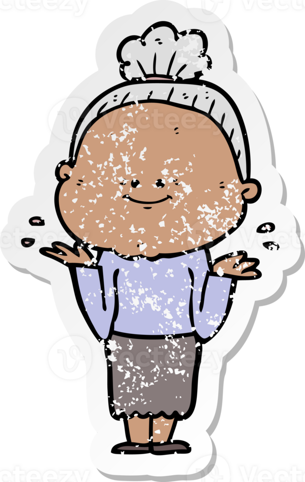 distressed sticker of a cartoon happy old woman png