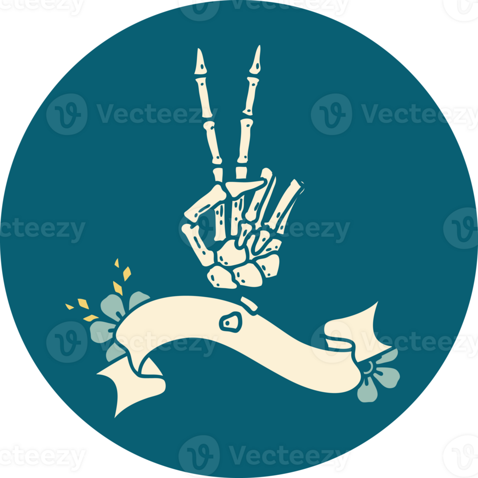 icon with banner of a skeleton hand giving a peace sign png