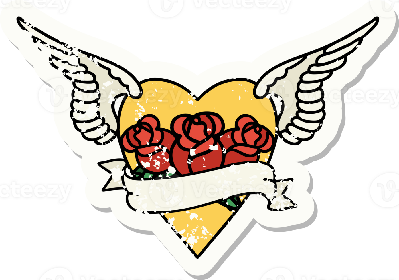 traditional distressed sticker tattoo of a heart with wings flowers and banner png