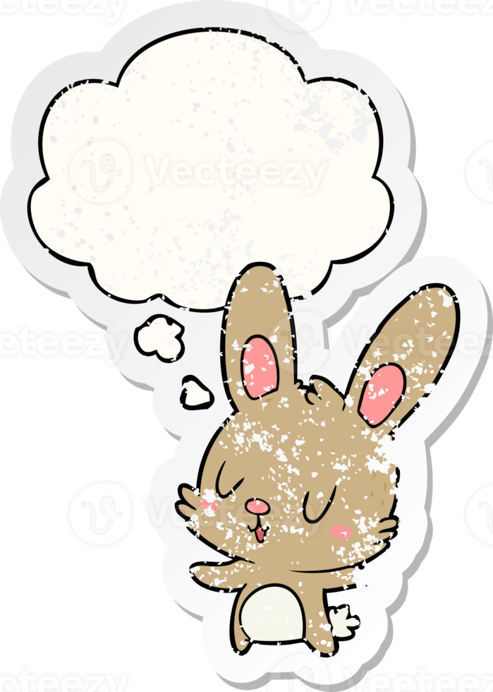 cute cartoon rabbit and thought bubble as a distressed worn sticker png