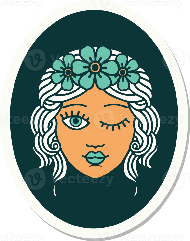 tattoo style sticker of a maiden with crown of flowers winking png
