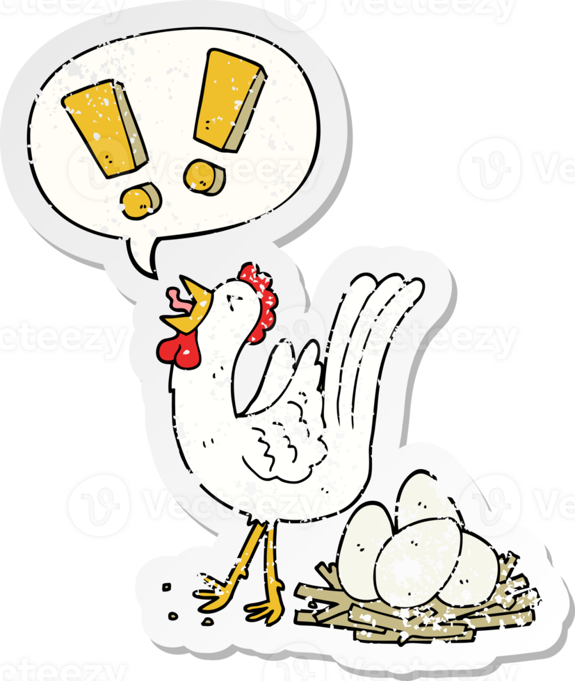 cartoon chicken laying egg and speech bubble distressed sticker png