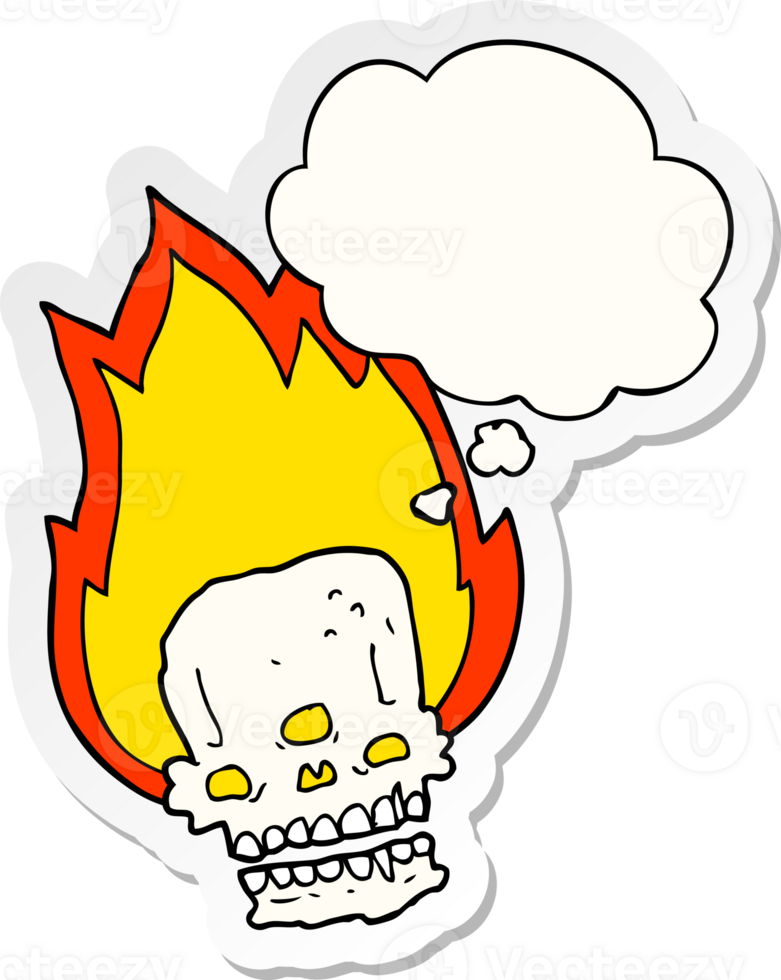 spooky cartoon flaming skull and thought bubble as a printed sticker png