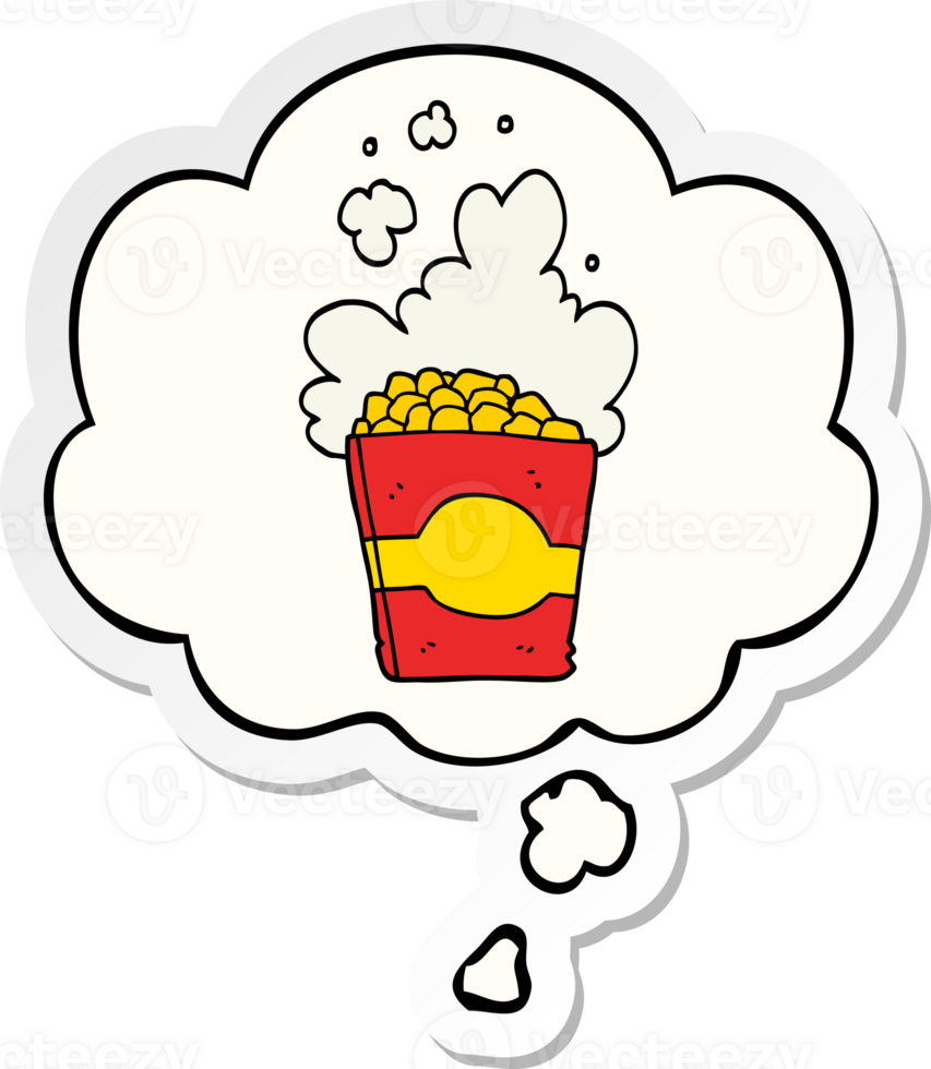 cartoon popcorn and thought bubble as a printed sticker png