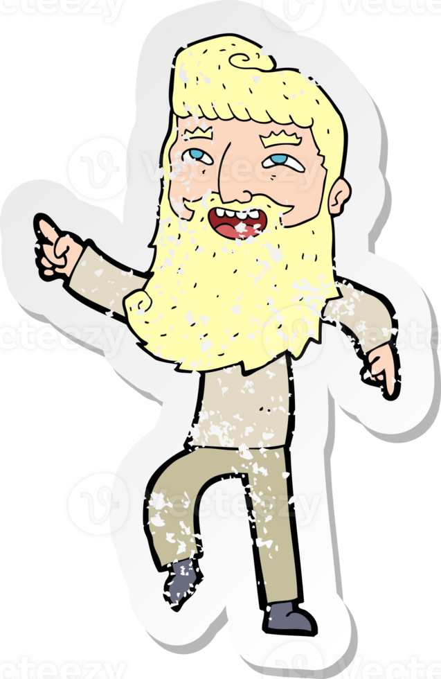 retro distressed sticker of a cartoon man with beard laughing and pointing png