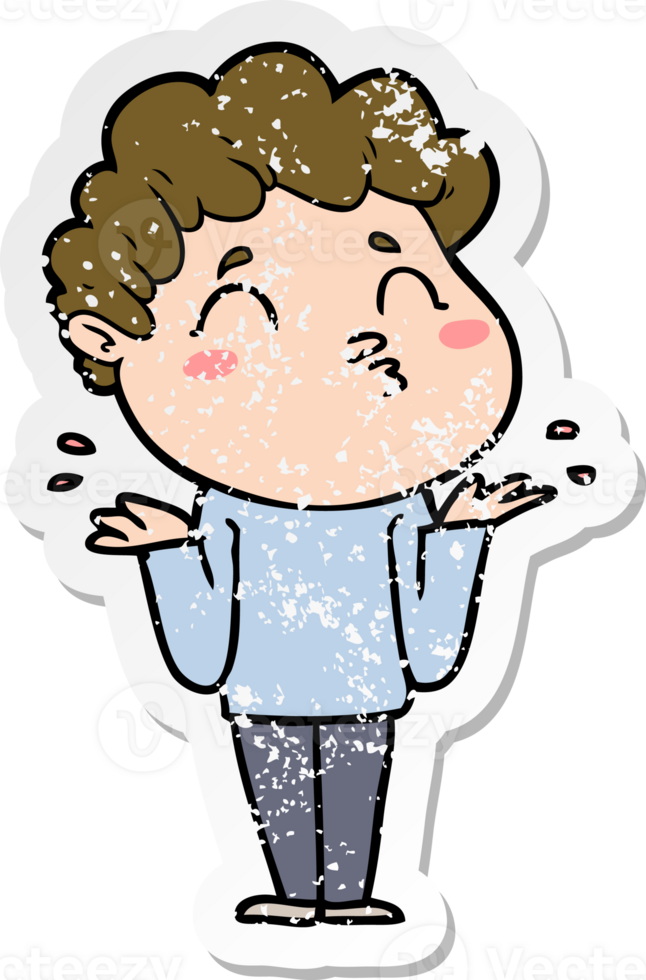 distressed sticker of a cartoon man shrugging png