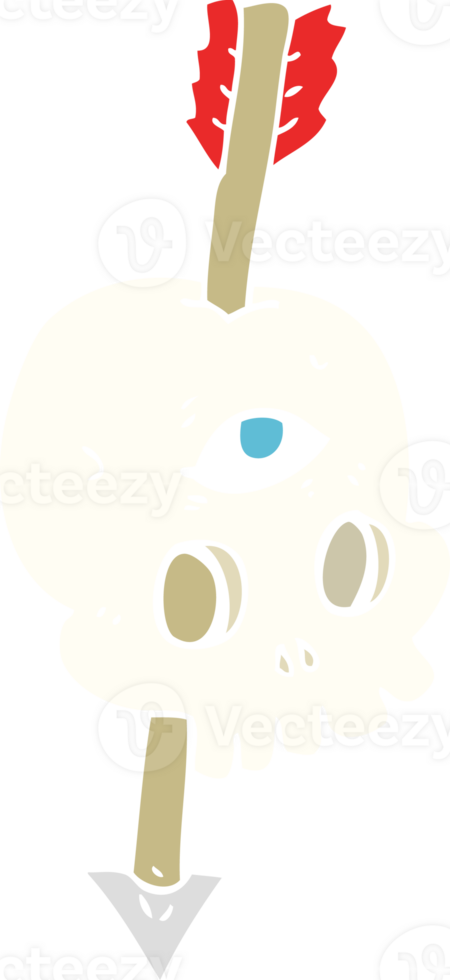 flat color illustration of a cartoon magic skull with arrow through brain png