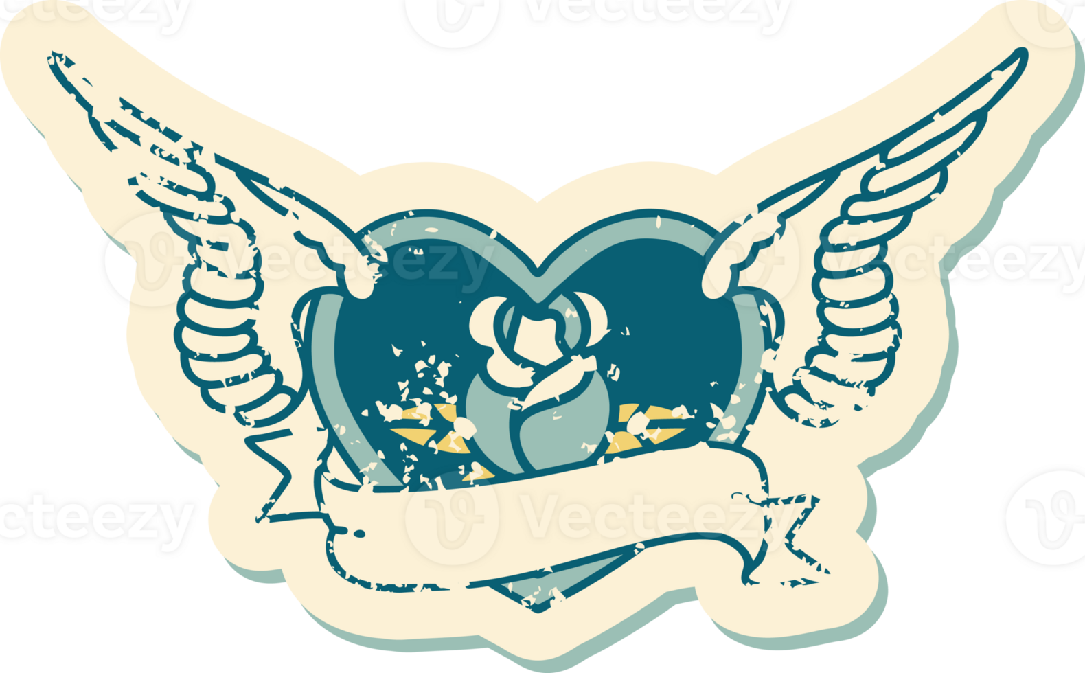 distressed sticker tattoo style icon of a flying heart with flowers and banner png