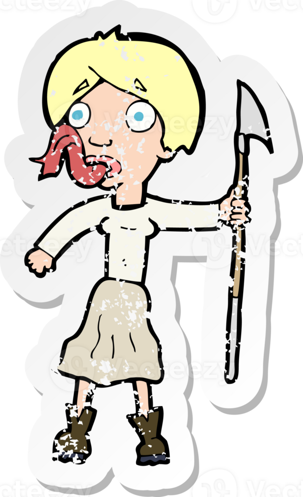 retro distressed sticker of a cartoon woman with spear sticking out tongue png
