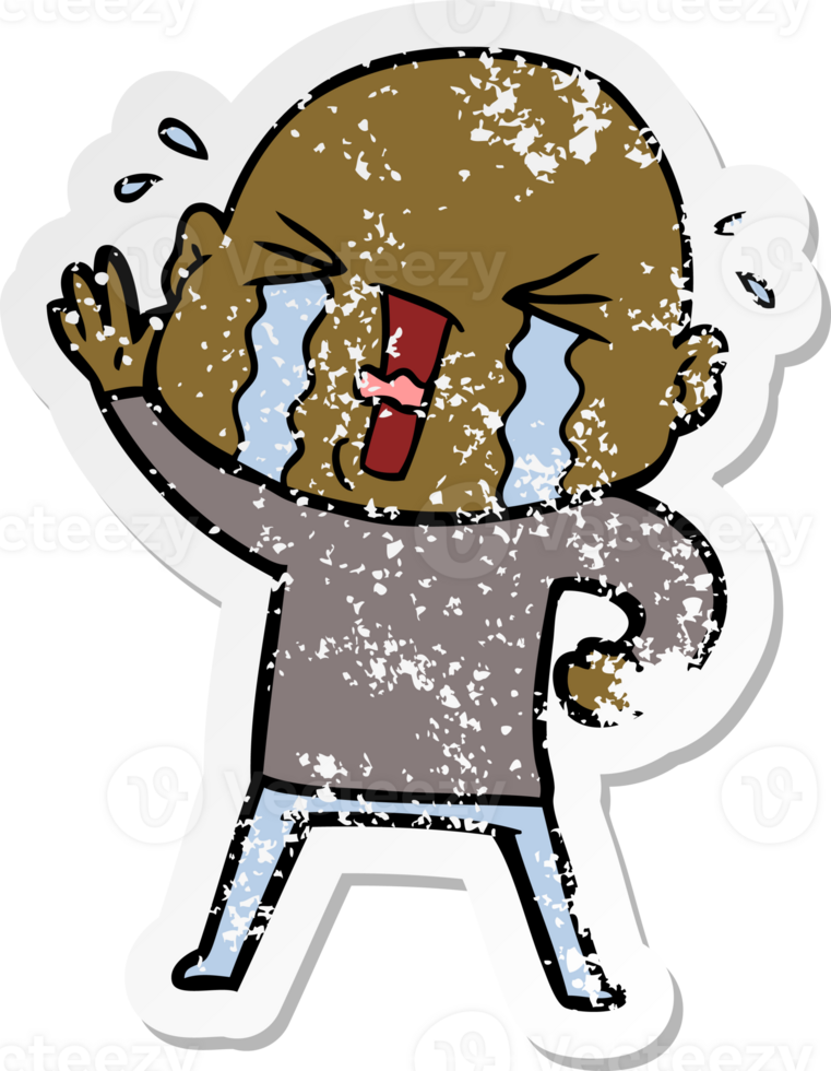 distressed sticker of a cartoon crying bald man png