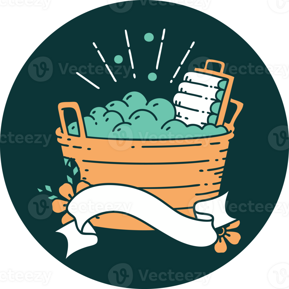 icon of tattoo style old washboard and scrubbing bowl png