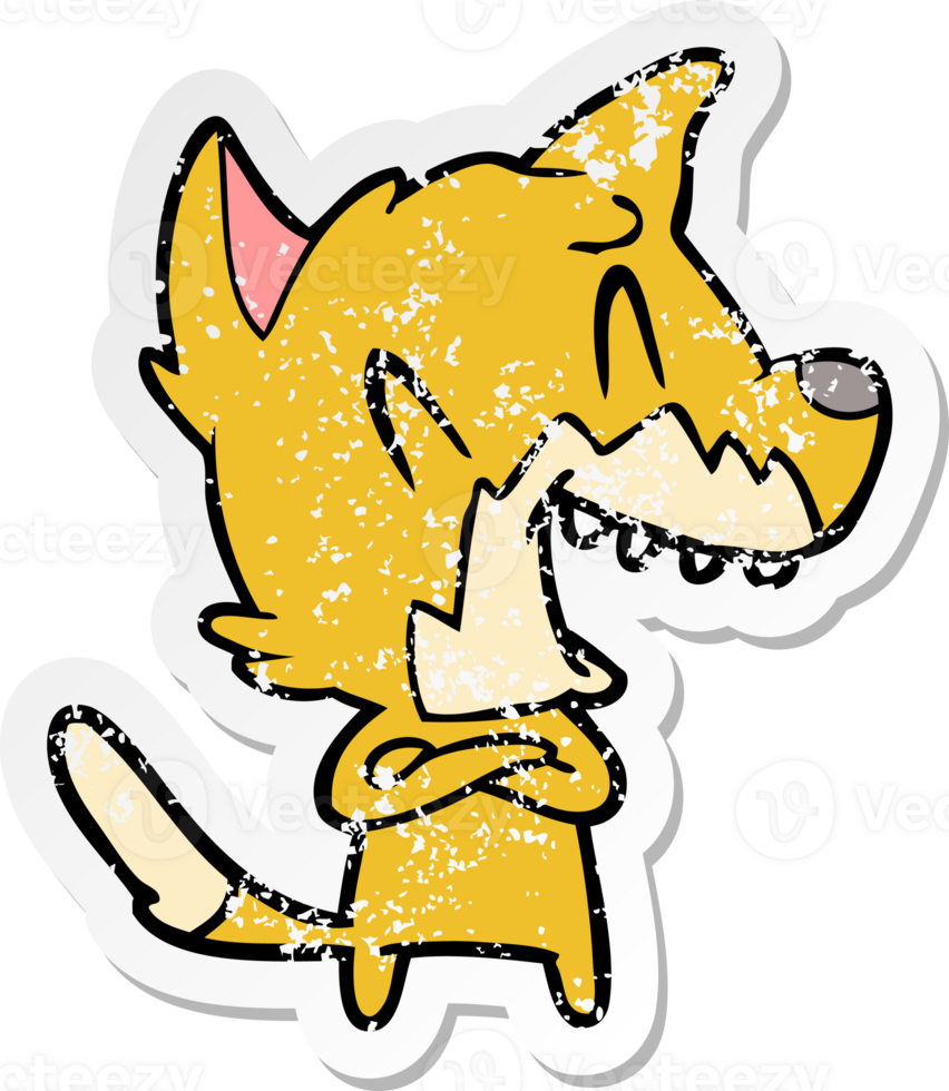 distressed sticker of a laughing fox cartoon png