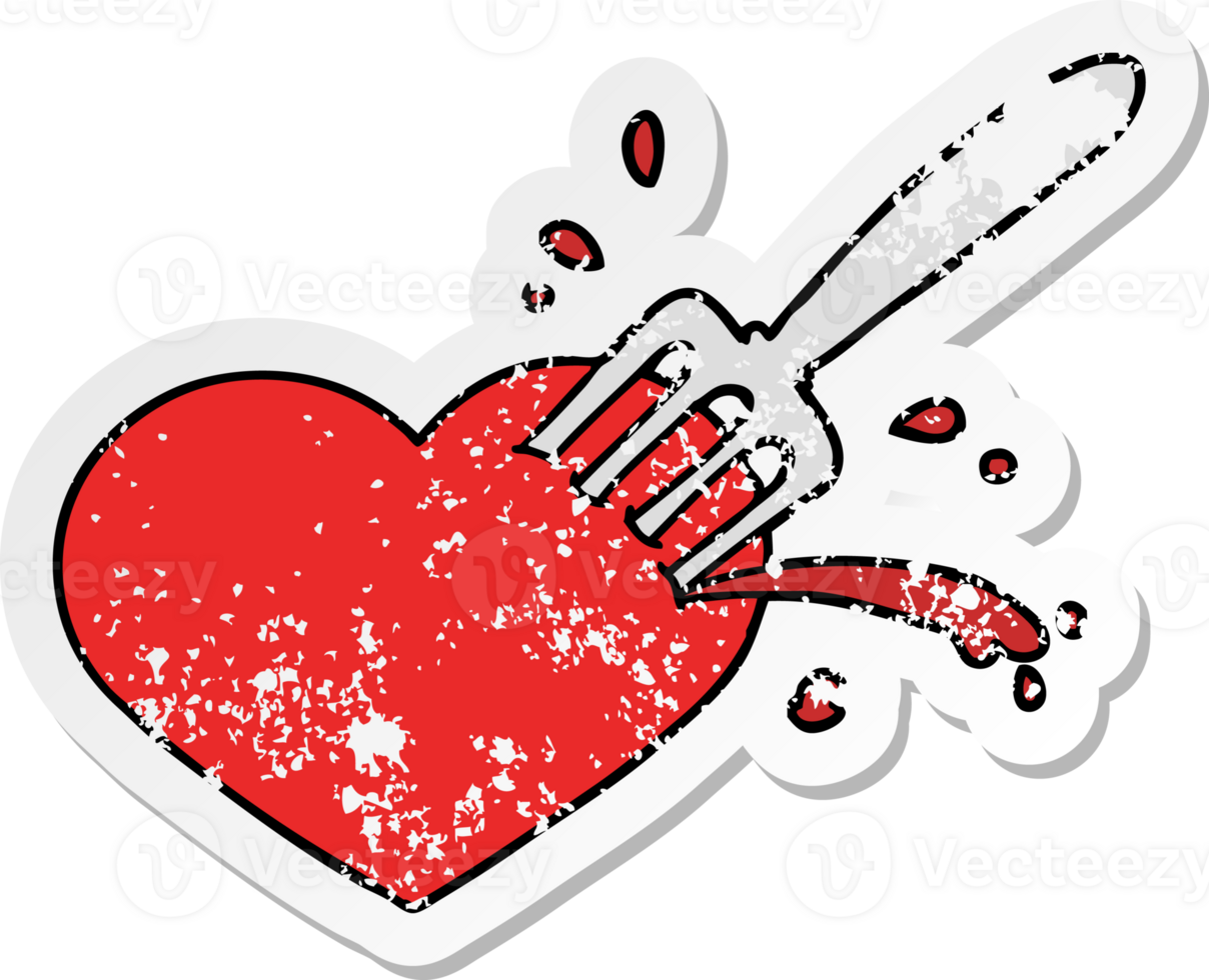 distressed sticker of a cartoon love heart stuck with fork png