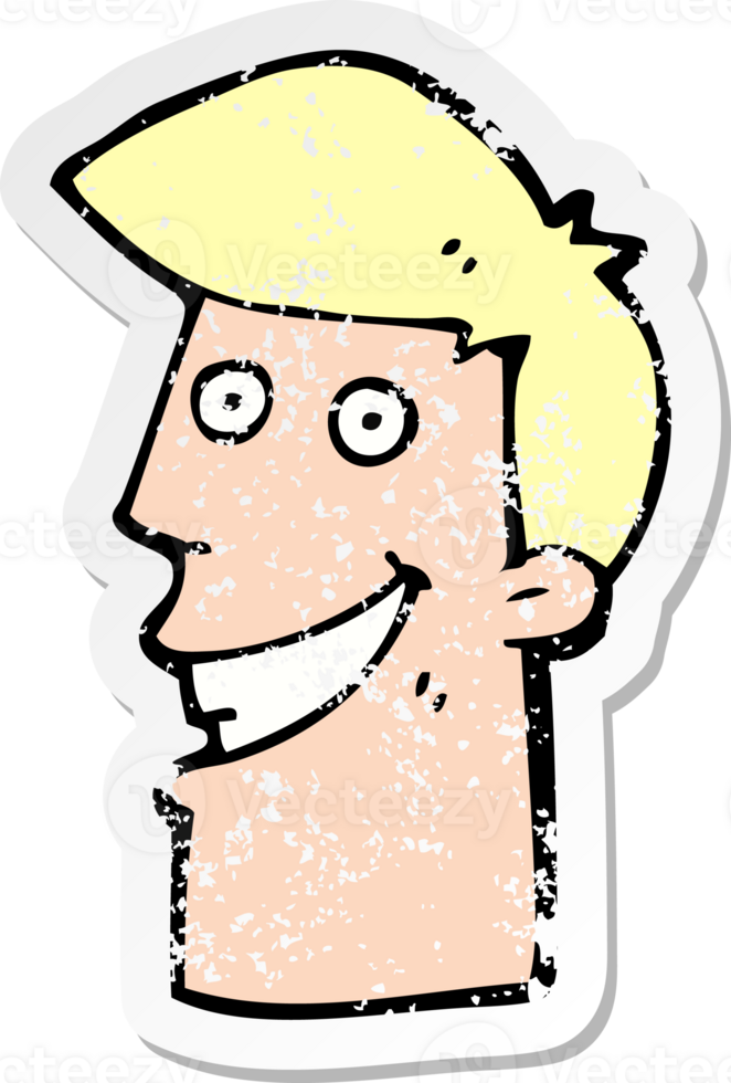 retro distressed sticker of a cartoon grinning man png
