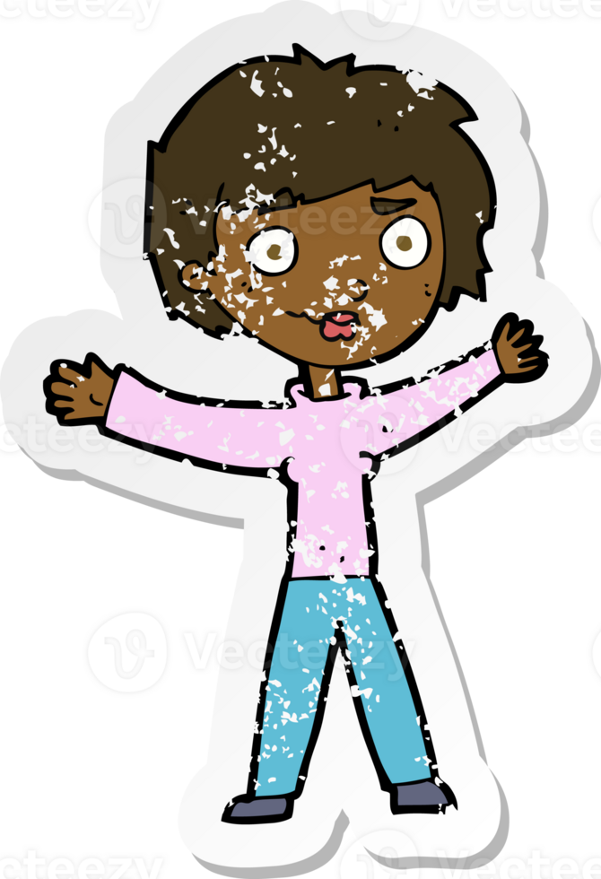 retro distressed sticker of a cartoon woman waving arms png