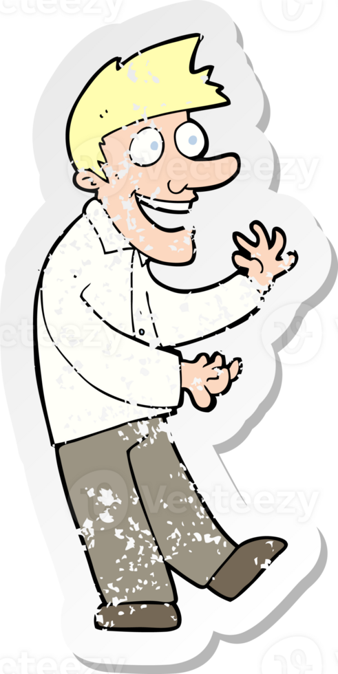 retro distressed sticker of a cartoon excited man png