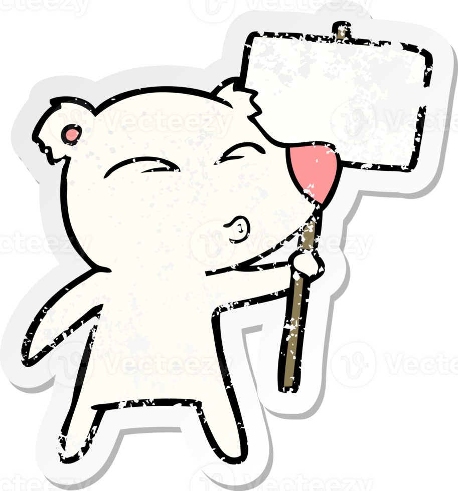distressed sticker of a cartoon polar bear with placard png