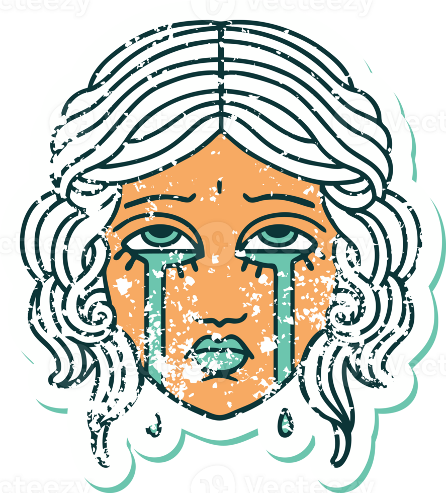 distressed sticker tattoo style icon of female face crying png