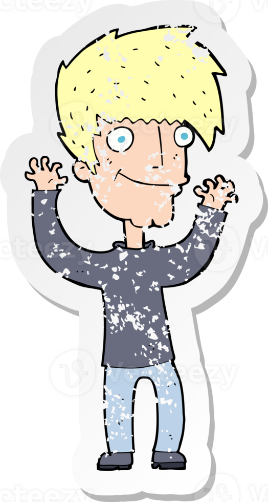 retro distressed sticker of a cartoon man waving arms png