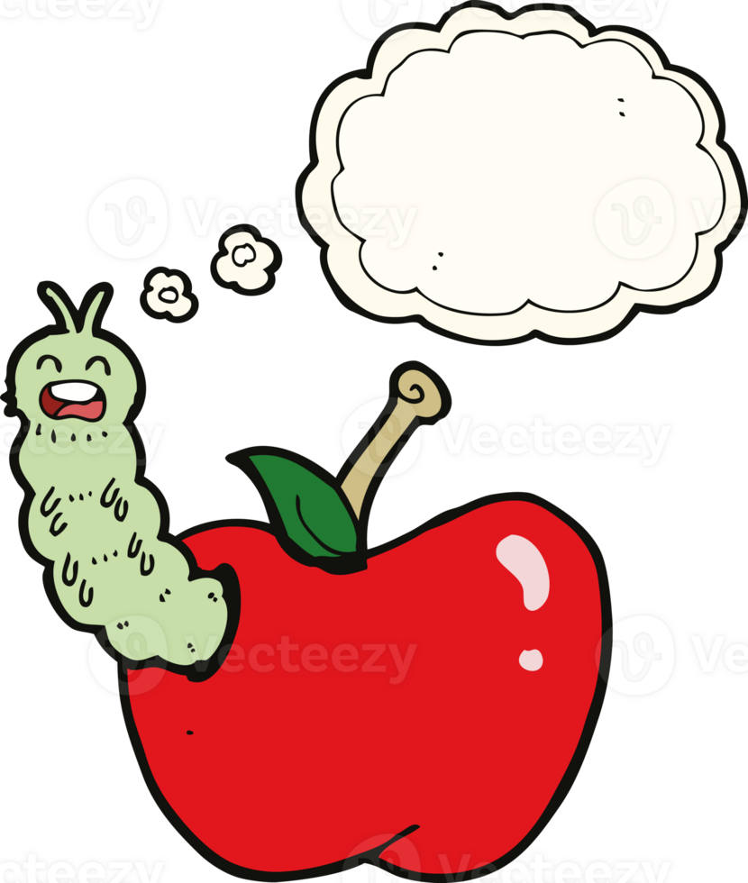 cartoon bug eating apple with thought bubble png