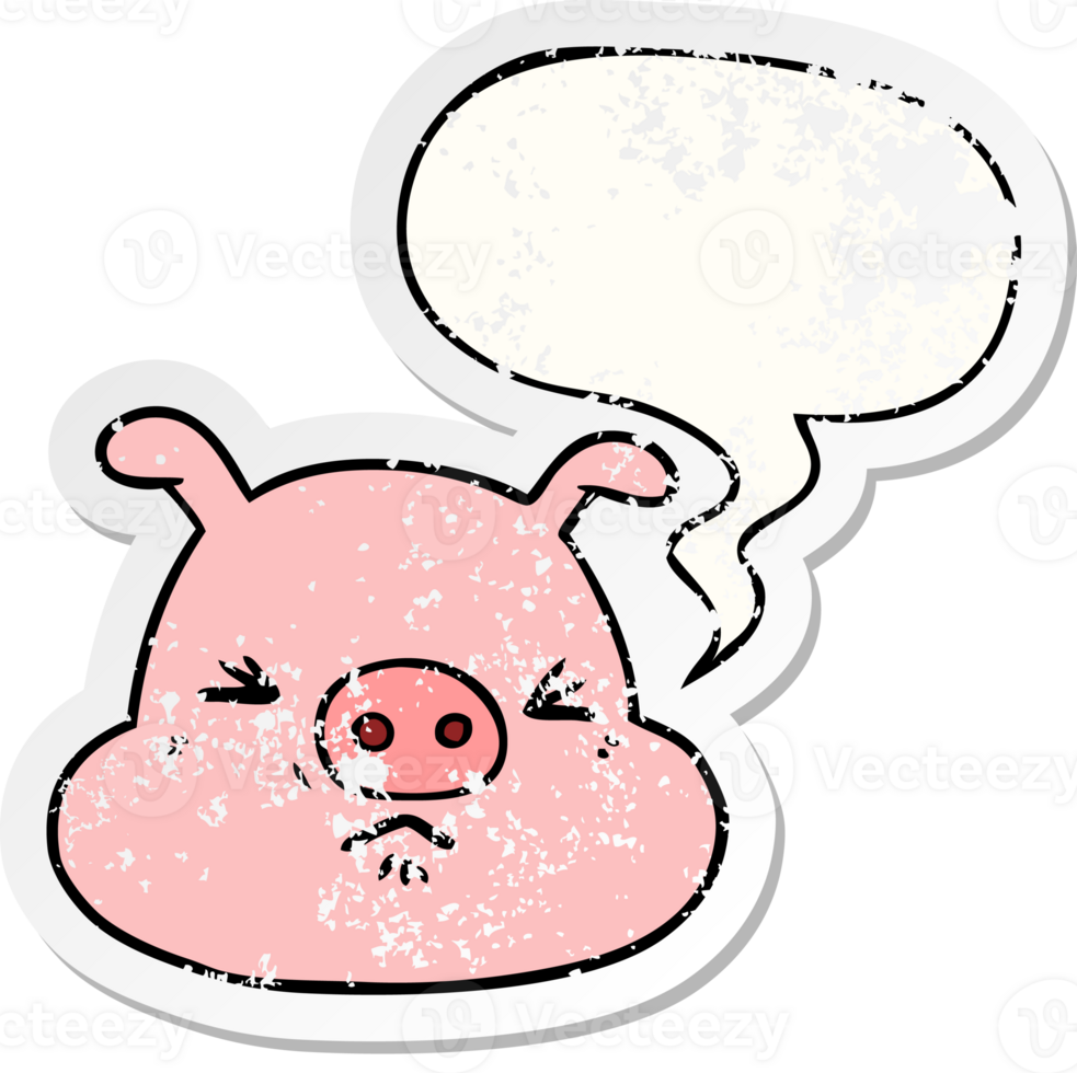 cartoon angry pig face and speech bubble distressed sticker png
