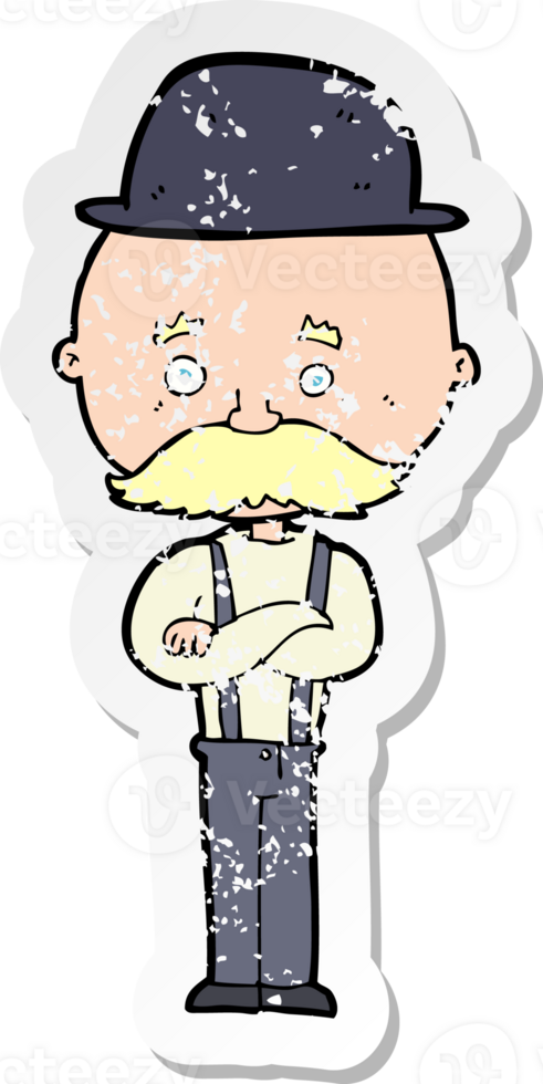 retro distressed sticker of a cartoon man wearing bowler hat png