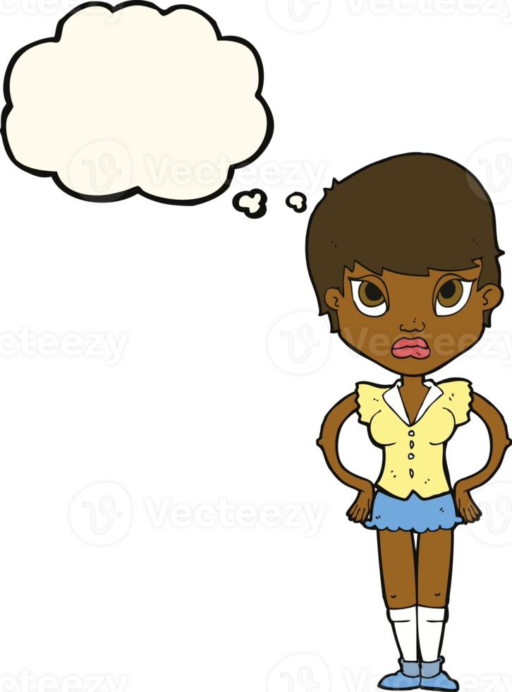 cartoon annoyed girl with thought bubble png