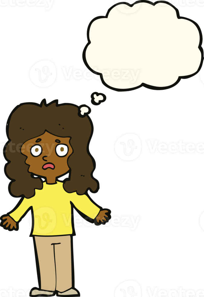 cartoon worried woman with thought bubble png