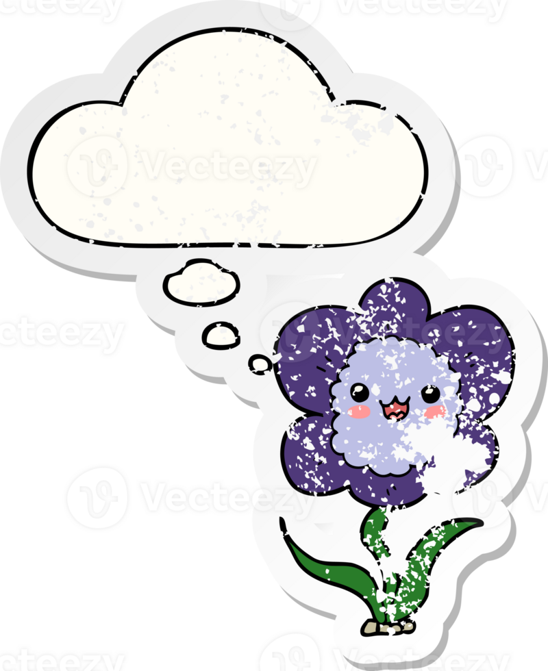 cartoon flower and thought bubble as a distressed worn sticker png