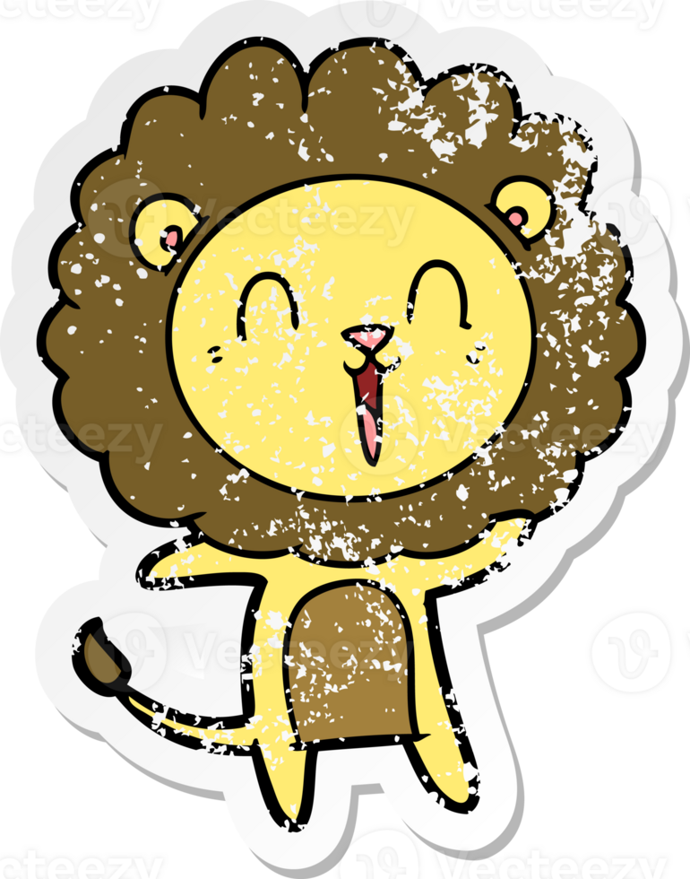 distressed sticker of a laughing lion cartoon png