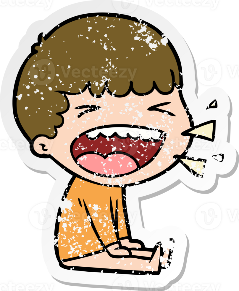 distressed sticker of a cartoon laughing man png