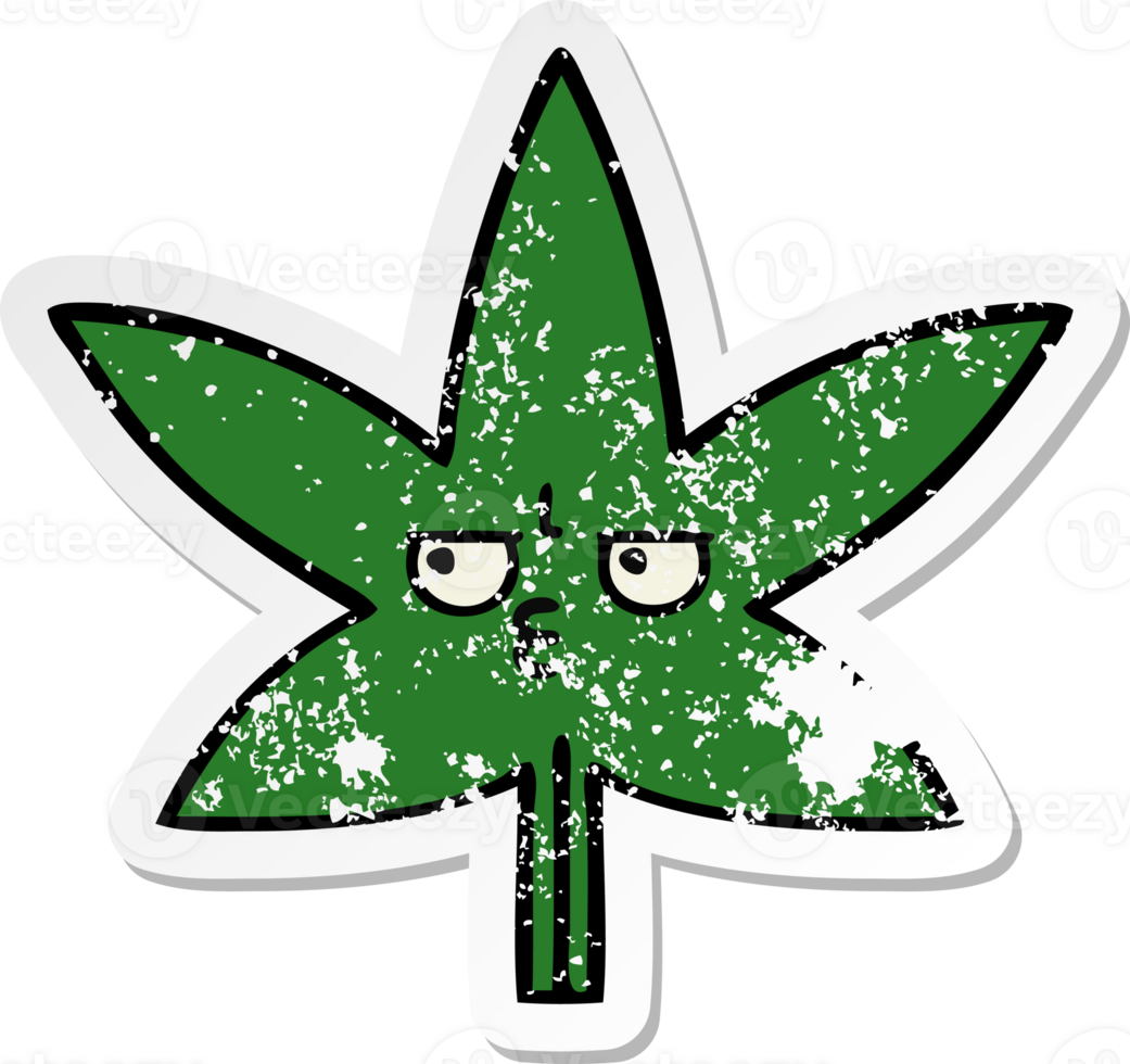 distressed sticker of a cute cartoon marijuana leaf png