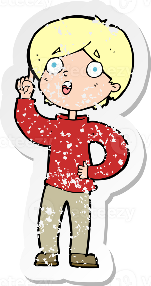 retro distressed sticker of a cartoon boy with idea png