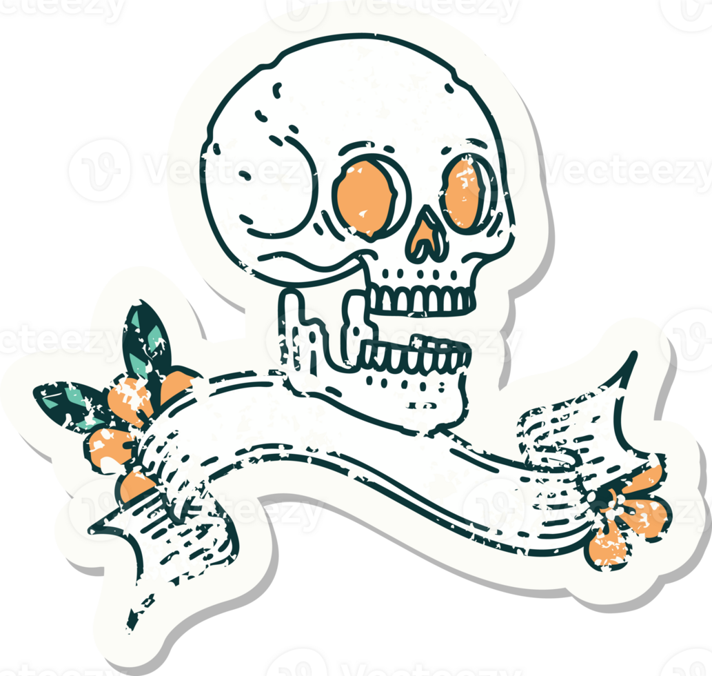 grunge sticker with banner of a skull png