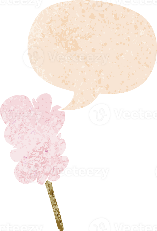 cartoon candy floss and speech bubble in retro textured style png