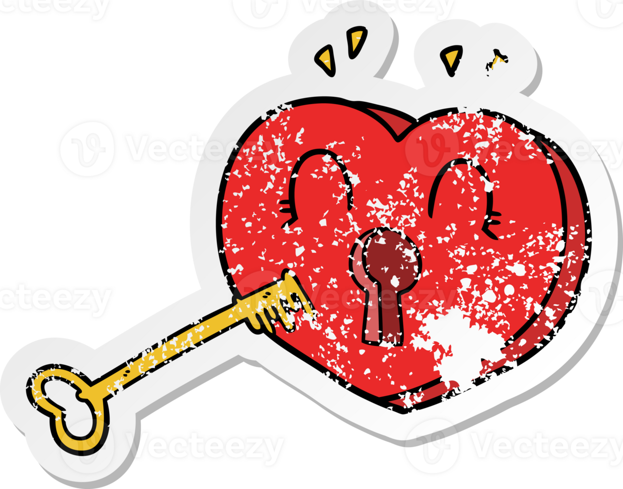distressed sticker of a cartoon heart with key png