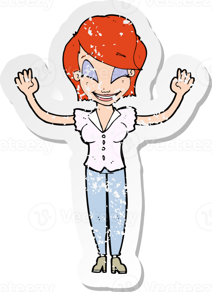 retro distressed sticker of a cartoon pretty woman with hands in air png
