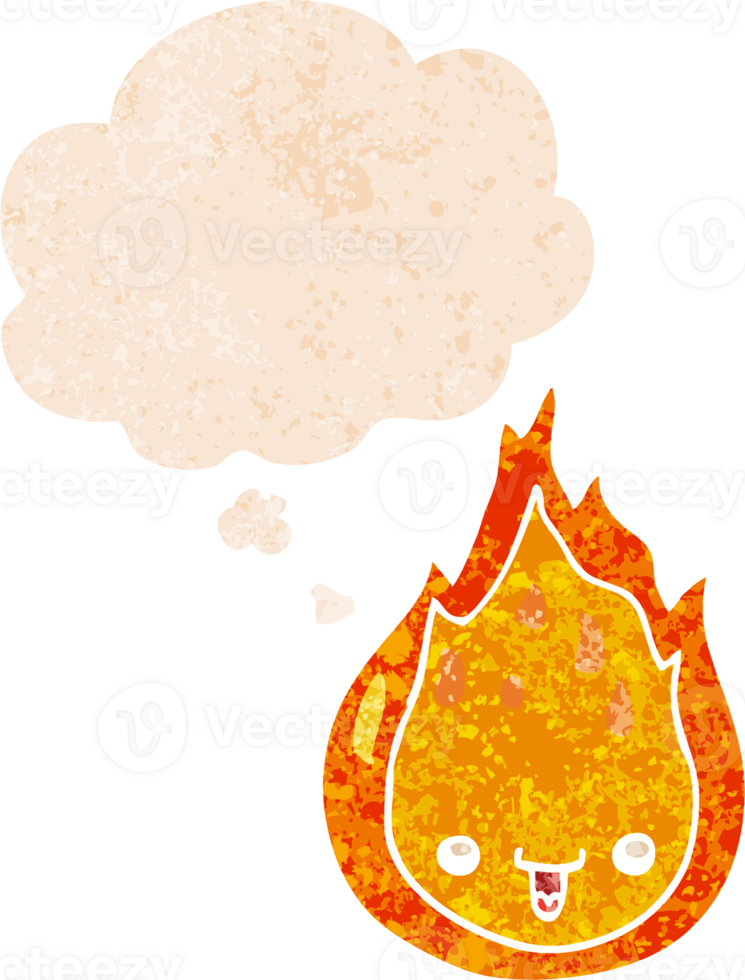 cartoon flame and thought bubble in retro textured style png